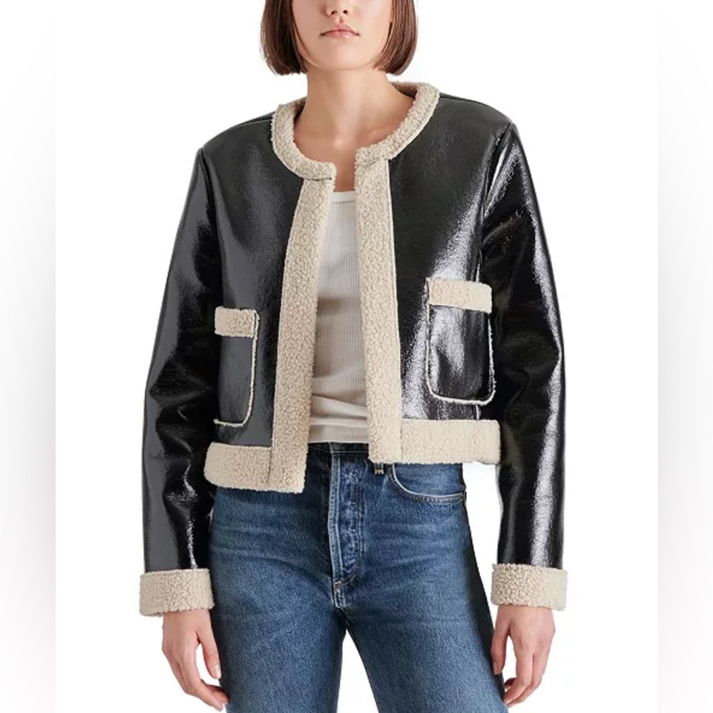 NWT Steve Madden Black Fienne Faux-Leather Fleece-Trim Jacket- size medium
